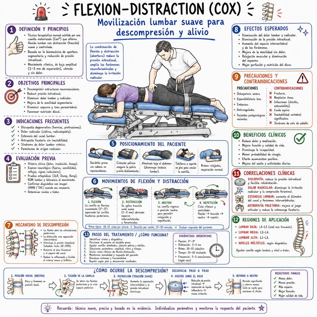 Flexion-Distraction (Cox): Movilización lumbar suave para descompresión y alivio