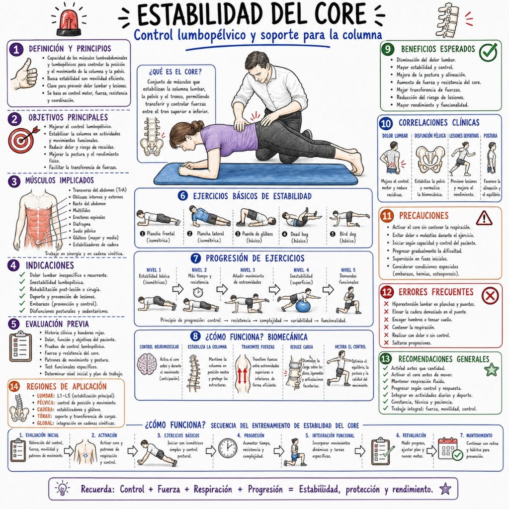 Estabilidad del Core: Control lumbopélvico y soporte para la columna